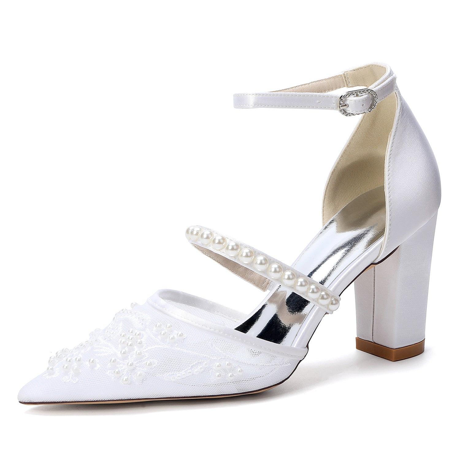 Chunky Heel 8.5cm Lace Silk-Like Pearl Embroidered Mesh Shoes CK0500 - 10 Days / White / 35 - COCOMELODY